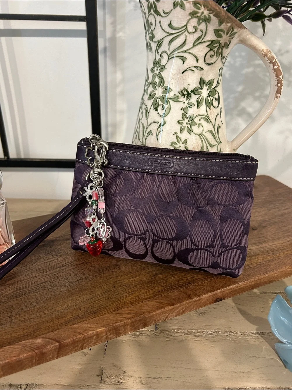 Coach Purple Signature Wristlet Pouch with Heart Charm